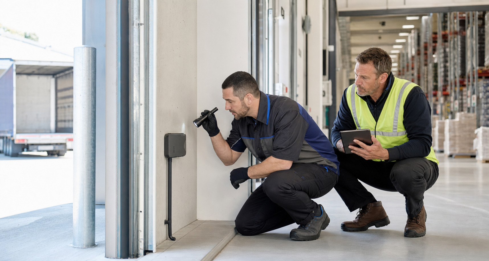 Matrix pest technician and warehouse supervisor inspecting a loading-dock door