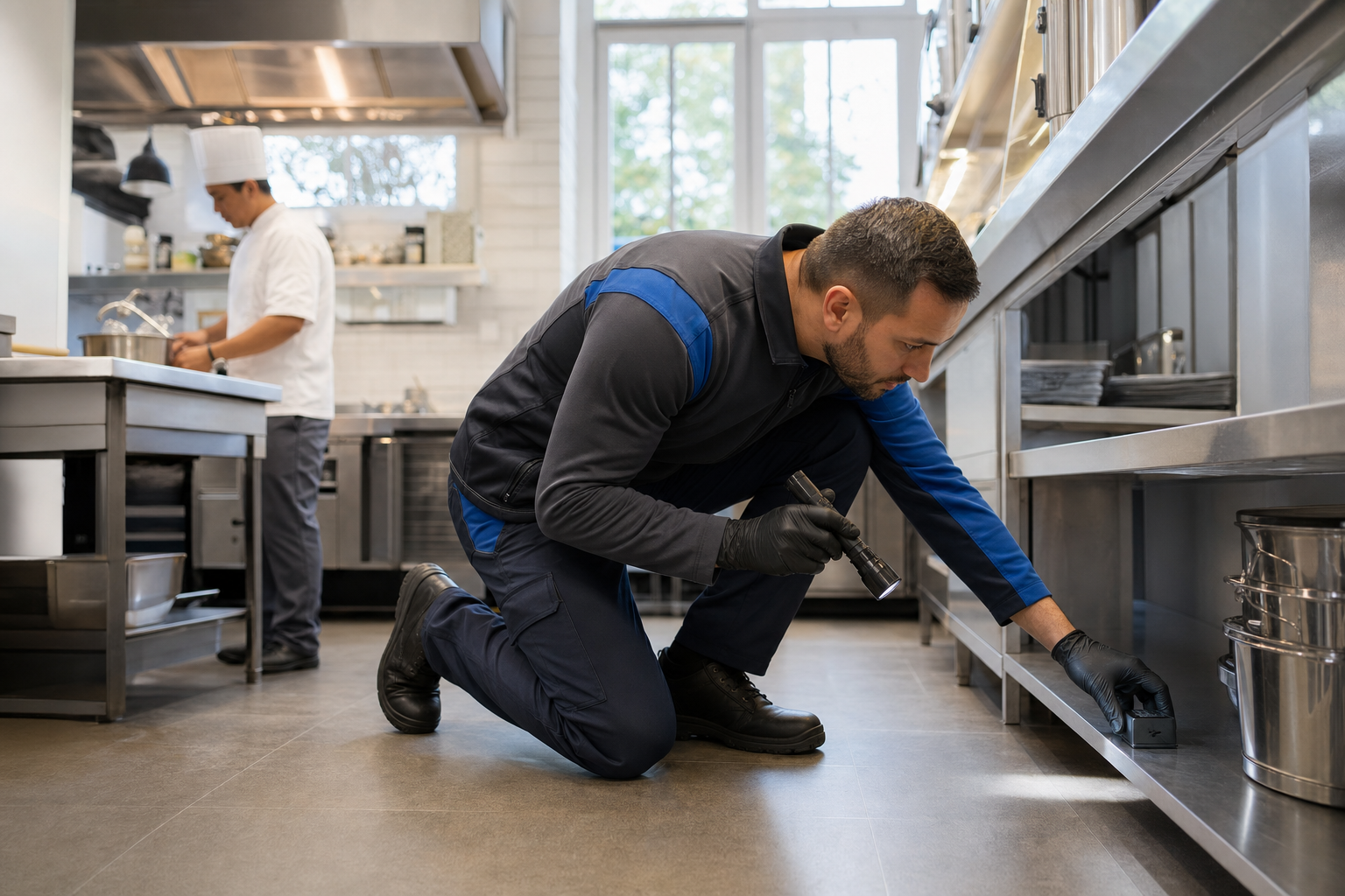 Matrix technician inspecting the underside of stainless kitchen equipment in a working restaurant