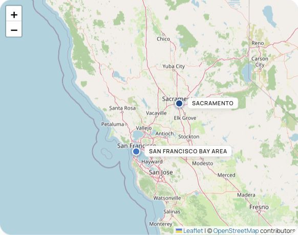 Map of Northern California showing the San Francisco Bay Area and Sacramento service regions.